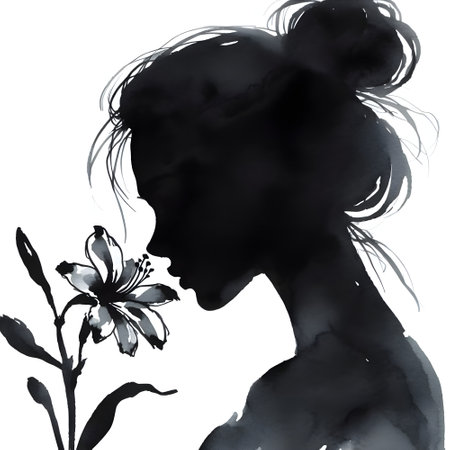 Silhouette of a beautiful girl with a flower in her hairの素材