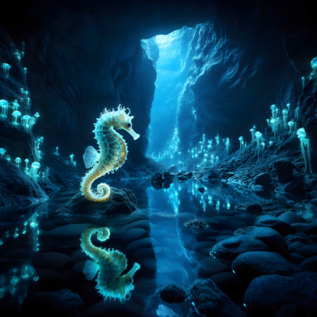 Underwater scene with seahorse in the cave. 3D renderingの素材