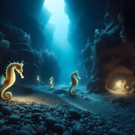 Underwater scene with seahorses and cave. 3D renderingの素材
