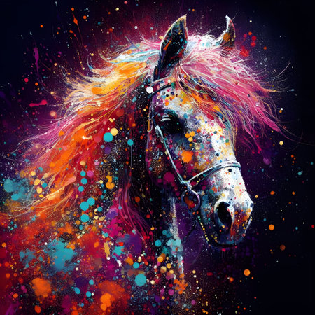 Portrait of a horse with colorful paint splashes on a black backgroundの素材