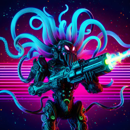 Illustration of a monster with a gun in his hand, surrounded by colorful neon lightsの素材