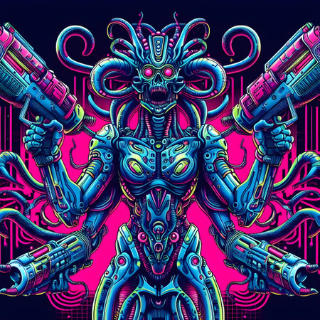 Vector illustration of a robot with a gun in his hands. Cyberpunk style.の素材