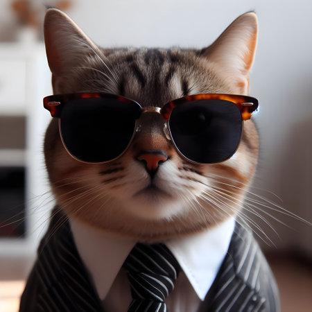 Portrait of a beautiful cat wearing sunglasses and a suit in the officeの素材