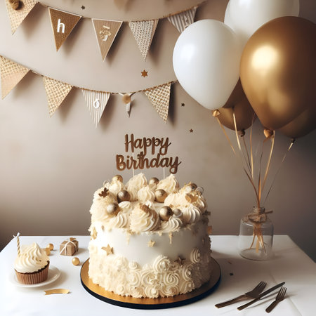 Birthday Cake Decorated with Gold Balloons and Nutsの素材