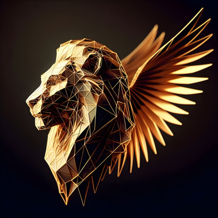 Gold lion head with wings on a dark background. Vector illustration.の素材