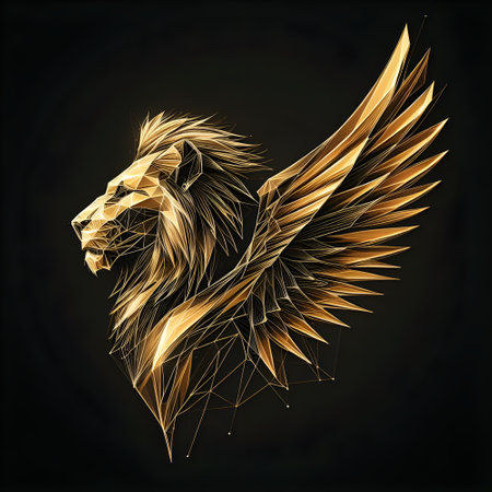 Gold lion head with wings on a dark background. Vector illustration.の素材