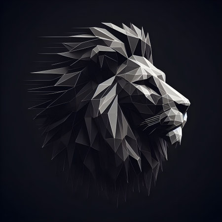 Low poly lion head on black background. Polygonal style illustration.の素材