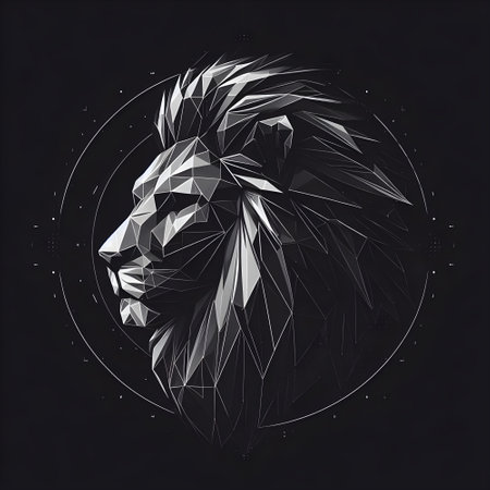 Lion head in polygonal style on dark background. Vector illustration.の素材