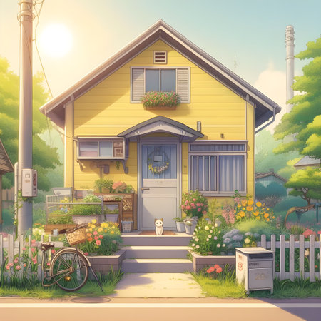 House in the garden. Cartoon style. Illustration for your designの素材