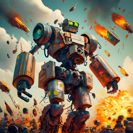 3D rendering of a group of robots fighting with fire and smokeの素材