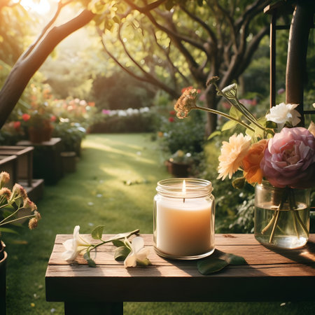 Burning candle in the garden with blooming flowers on wooden tableの素材