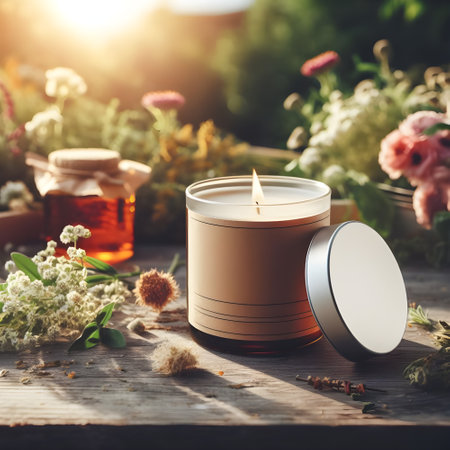 Aromatherapy oil in glass jar on wooden table with flowersの素材