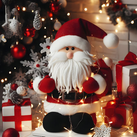 Santa Claus doll with Christmas decoration and bokeh lights on backgroundの素材