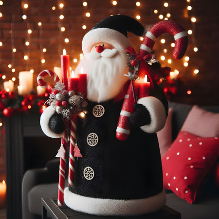 Santa Claus doll with Christmas decoration and bokeh lights on backgroundの素材