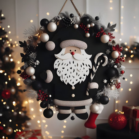 Santa Claus doll with Christmas decoration and bokeh lights on backgroundの素材