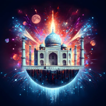 Taj Mahal in space with fireworks and planet. 3D renderingの素材