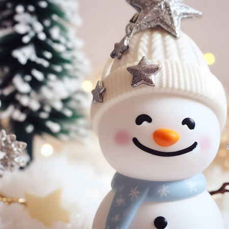 Snowman and Christmas tree on bokeh background. Merry Christmas and Happy New Year.の素材