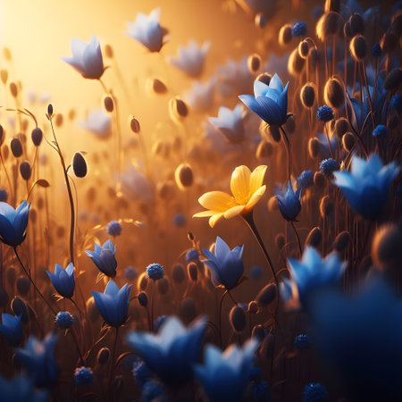 Beautiful flowers in the meadow at sunset. Nature background.の素材