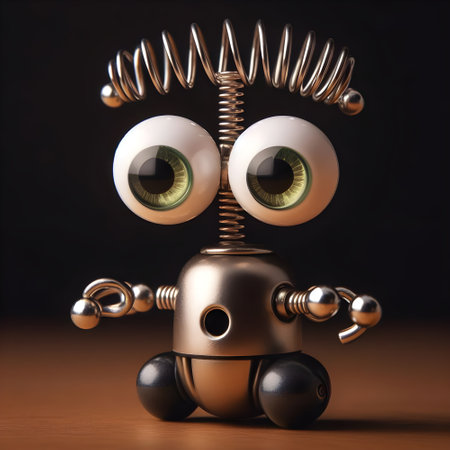 Funny robot made of metal on a dark background. 3d renderingの素材