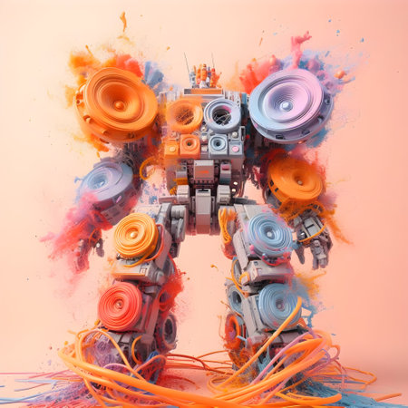 3D rendering of a robot in orange and blue paint splashesの素材