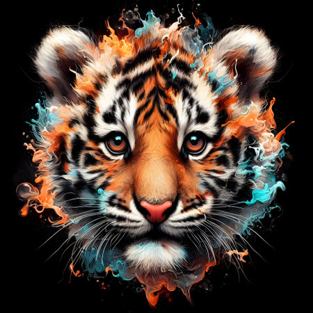 Portrait of a tiger in a colorful smoke on a black backgroundの素材