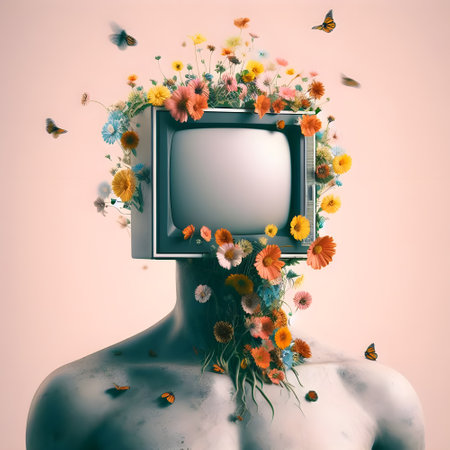 Human head with a TV and flowers instead of hair. 3d illustrationの素材