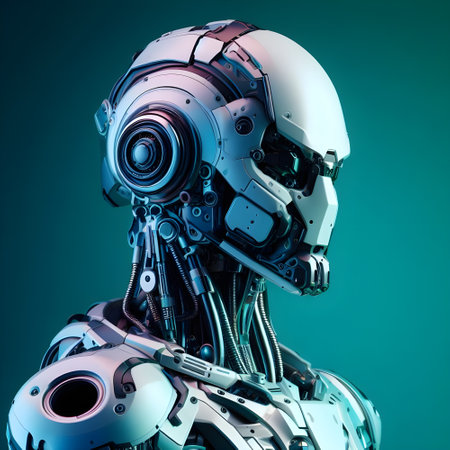 3d rendering humanoid robot with artificial intelligence concept on blue gradient backgroundの素材