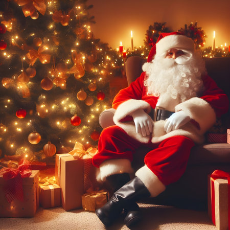 Santa Claus sitting in armchair and holding cup of coffee at homeの素材