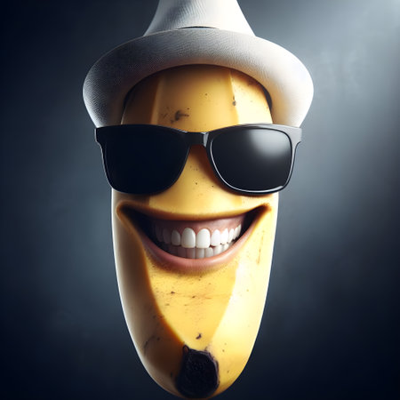 Funny banana with sunglasses and white hat on a dark background.の素材
