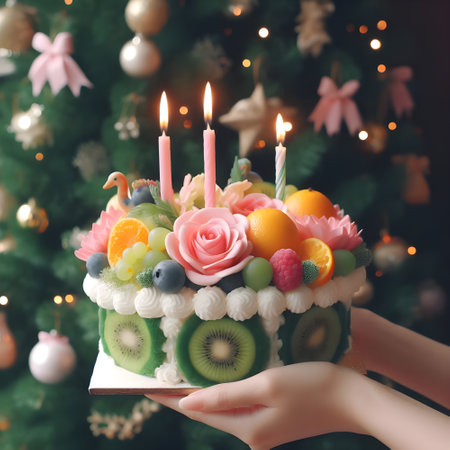 Cake with fruits and candles on the background of the Christmas treeの素材