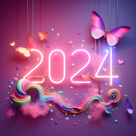 Happy new year  2024 , small colorful touches of 3D paint and with two colorful butterflies and pink.の素材