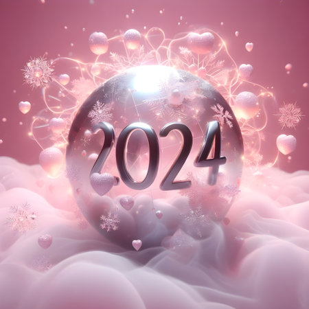 Happy new year 2024 ,  a background of snowflakes with spheres and hearts .の素材