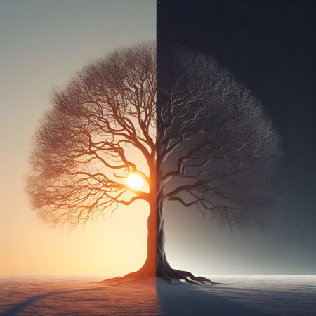 Dry tree that half side in day and half side in night half side in sun.の素材