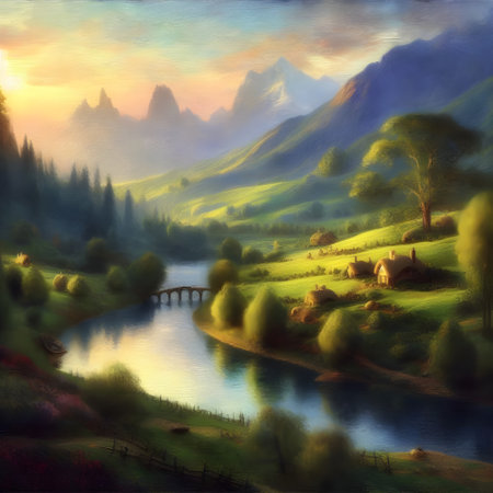 Landscape with mountains and meadows. Digital painting on canvasの素材
