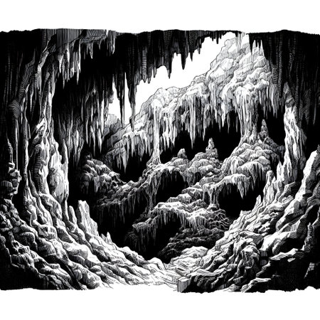 Black and white drawing of a cave.の素材