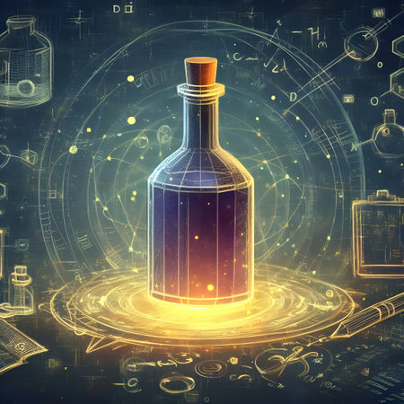 Science and technology background with a glowing magic potion in a glass bottleの素材