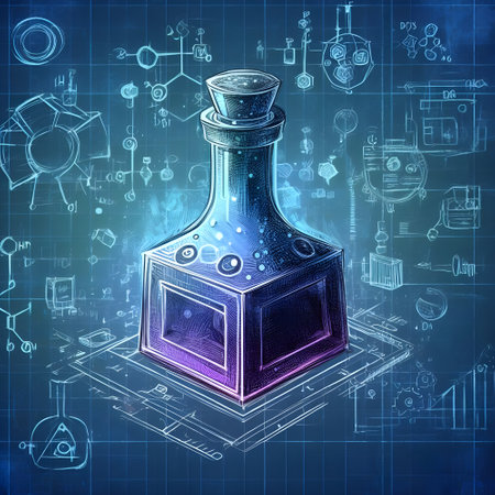Science and technology background with a glowing magic potion in a glass bottleの素材