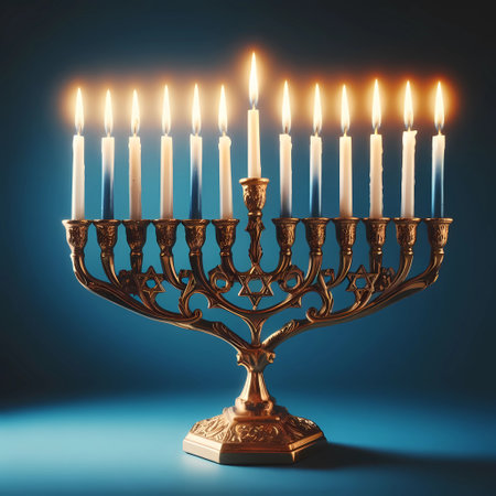Religion image of  Hanukkah ( oil miracle ) background with menorah (traditional candelabra) and dreidel (spinning top).の素材