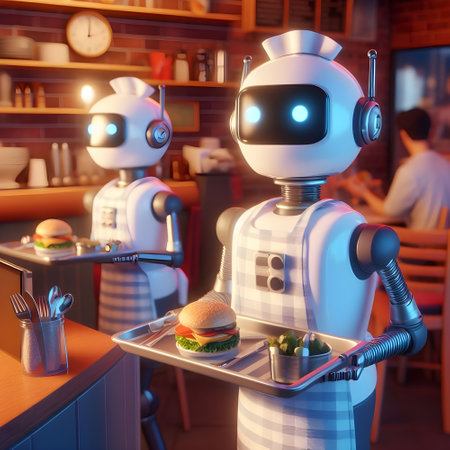 Cute robot  waiter,  in restaurant , 8k , realistic.の素材