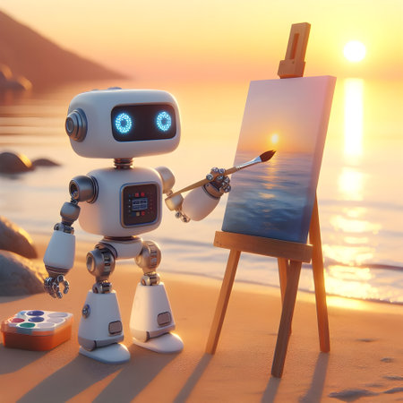 Cute robot painting a canvas by the sea in the morning.の素材