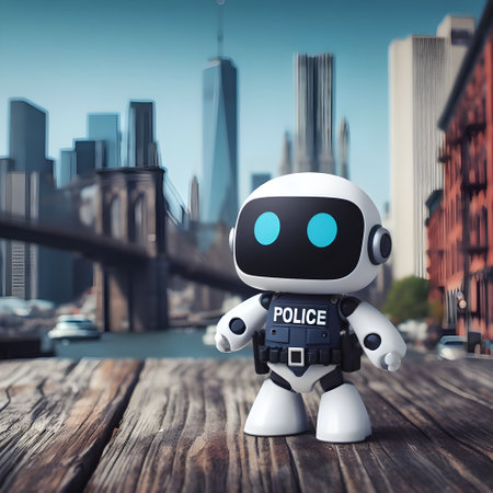 Cute policeman robot standing , city background.の素材