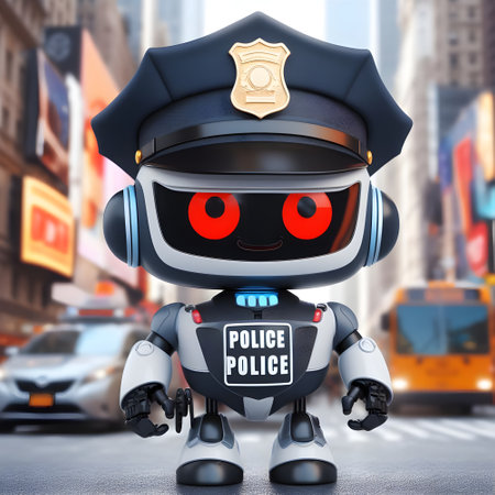 Cute policeman robot standing , city background.の素材