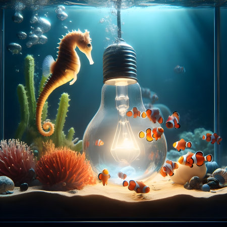 An aquarium with sea horse and clown fishs in a light bulb.の素材
