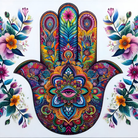 Hamsa hand symbol. Colorful abstract painting on the background.の素材