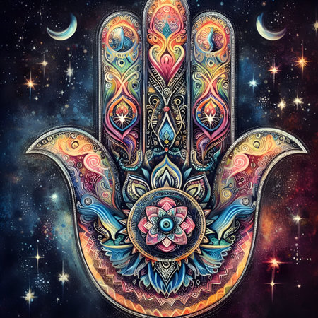 Hamsa hand symbol. Colorful abstract painting on the background.の素材