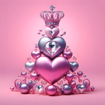 A christmas tree made of metallic pink heart with crown on top with a beautiful diamondの素材