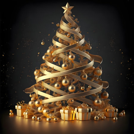 3D golden Christmas tree that exudes traditional elegance.の素材