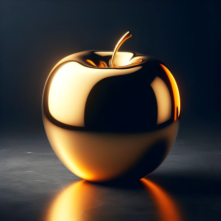 Golden apple on a shiny black marble table.の素材