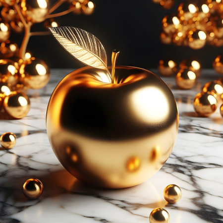 Golden apple on a shiny black marble table.の素材