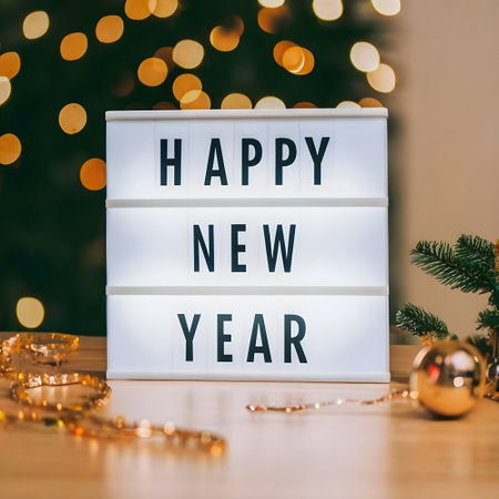 Happy New Year text on white paper, Standing greeting card, christmas decor.の素材